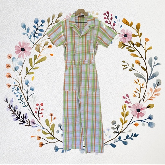 Big Bud Press Spring Rainbow Plaid Short Sleeve Jumpsuit Size L